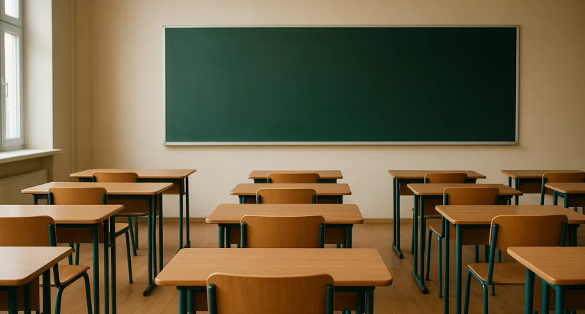 Na zdjęciu pusta sala lekcyjna
