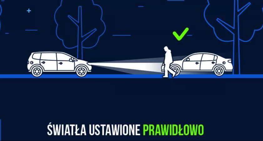 Infografika z prawidłowym ustawieniem świateł w pojeździe